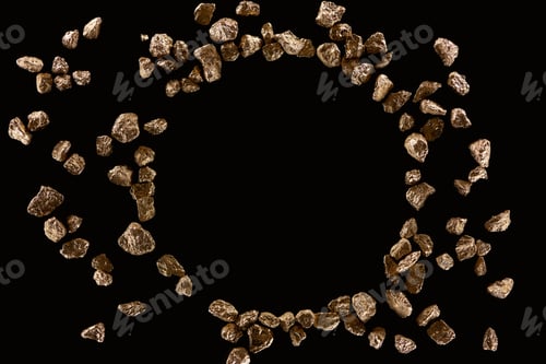 Preview: top view of round frame made of gold stones isolated on black with copy space