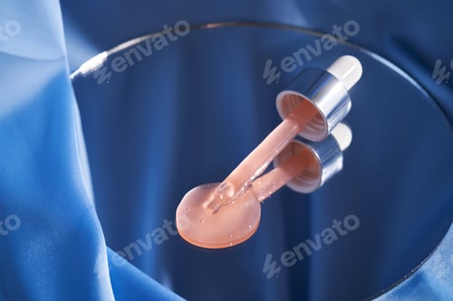 Preview: Bottle with pink serum on a blue background.