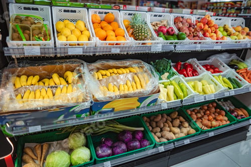 Preview: Fresh fruits and vegetables displaying on supermarket shelves