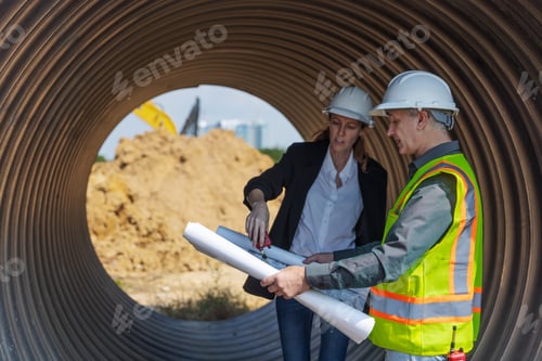 Preview: Two engineers in safety gear stand inside a large corrugated pipe at a construction site.