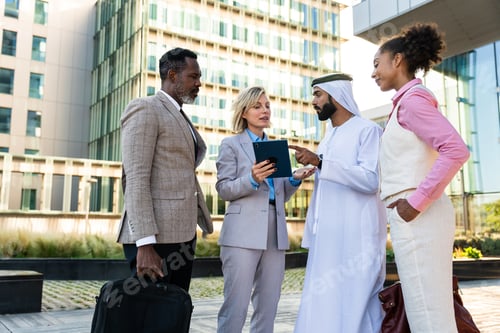 Preview: Group of multiethnic business people meeting an emirati businessman