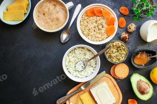 Preview: Breakfast (Oatmeal Porridge, Dairy Products And More, Snack) Menu Concept Background. Top View