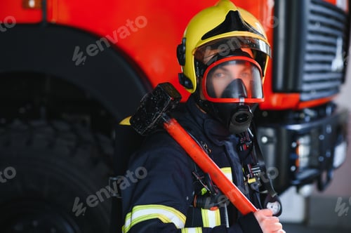 Preview: Photo of fireman with gas mask and helmet near fire engine