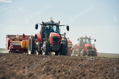 Preview: Driving on the field. Agricultural machinery, tractor. Conception of harvest