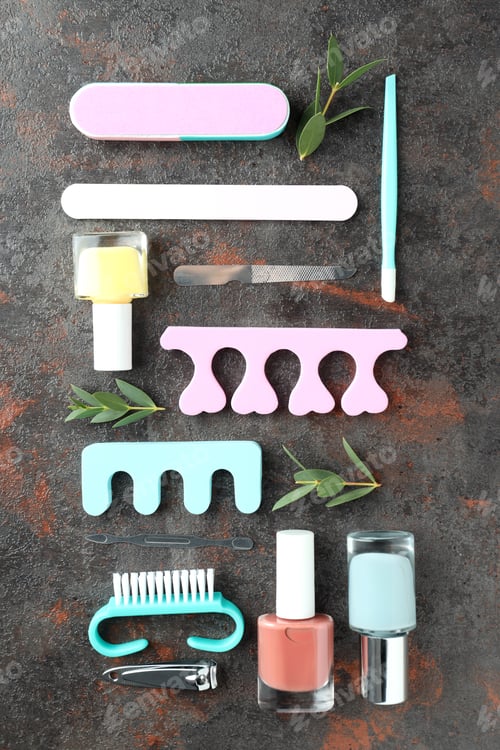Preview: Concept of nail care with manicure accessories on dark textured background