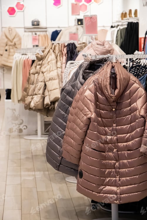 Preview: Sale of winter and autumn clothes in a shopping center.