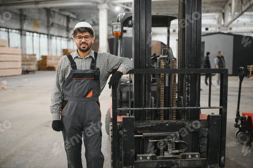 Preview: Arab warehouse worker leaning on forklift in modular house production workshop