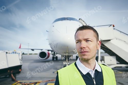 Preview: Member ground crew worker at the airport in front of the airplane.