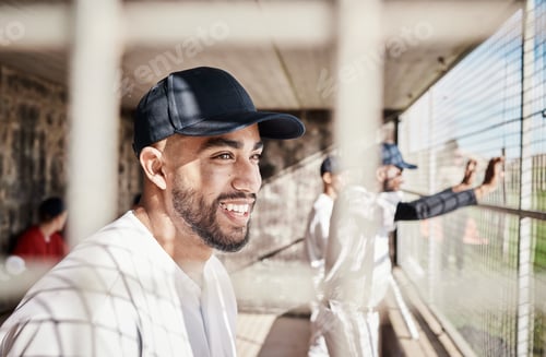Preview: Baseball, sports and man smile in stadium watching games, practice match and competition on field.