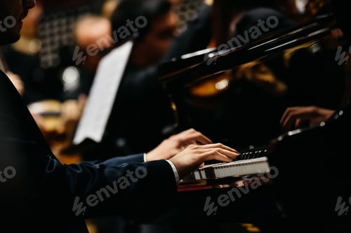 Preview: Pianist playing a piece on a grand piano at a concert, seen from the side.