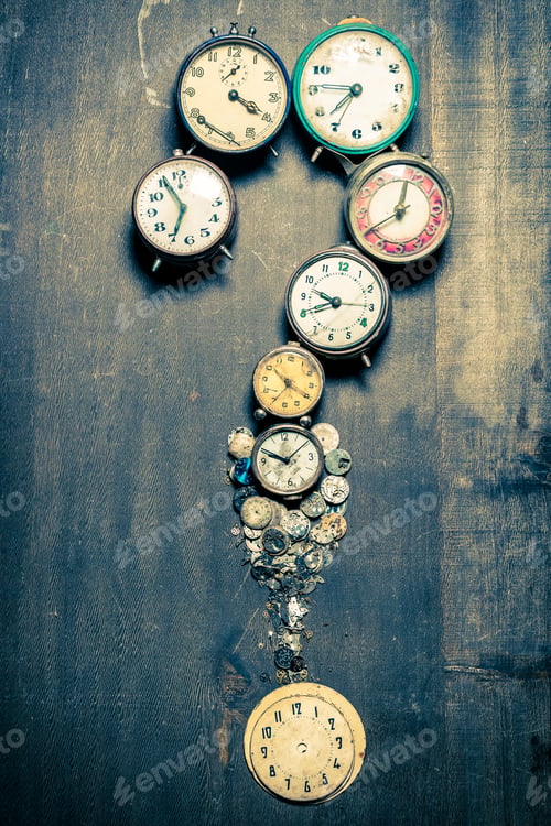 Preview: Questions mark made of old clocks and spare parts