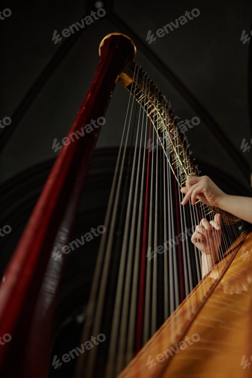 Preview: Woman Playing Harp Plucking Strings of Instrument during Performance in Church