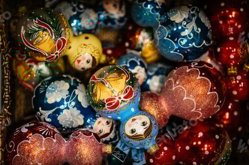Preview: Christmas and New Year decorations on light background. Balls and toys for winter holidays