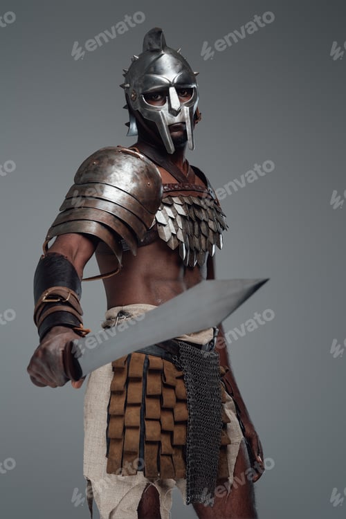 Preview: Combative black gladiator with sword in fight pose