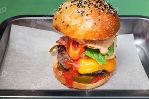Preview: Close up tasty burger with different filling served on tray