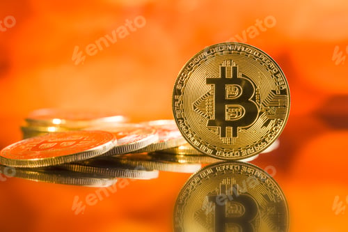 Preview: Golden bitcoins. Cryptocurrency.