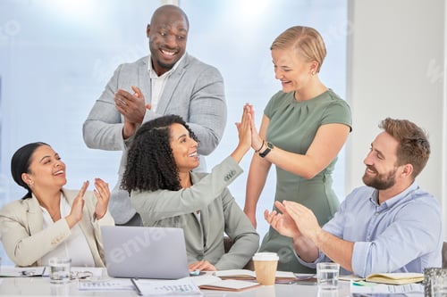 Preview: High five, finance business people and success of stock market investment team in a office. Trading