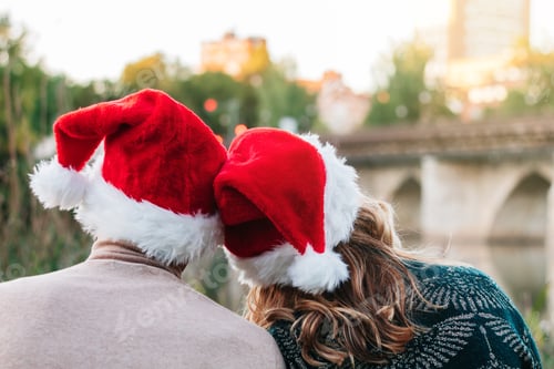 Preview: Back view of unrecognizable couple in Santa hats on Christmas. Concept of meeting and coming ho