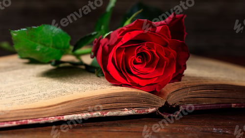Vorschau: Rote Rose auf einem Vintage-Buch auf dunklem Hintergrund