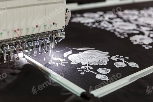 Preview: Sewing machine in work, textile fabric, nobody