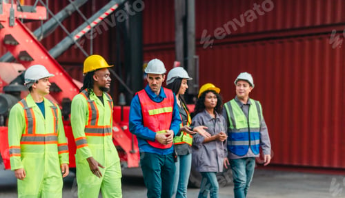 Preview: Team of Workers Walking and Talking in a Container Yard