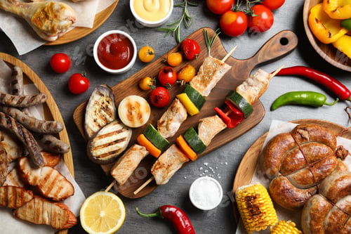 Preview: Flat lay composition with barbecued meat and vegetables on grey table