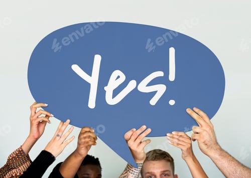 Preview: Diverse people holding a speech bubble with yes word