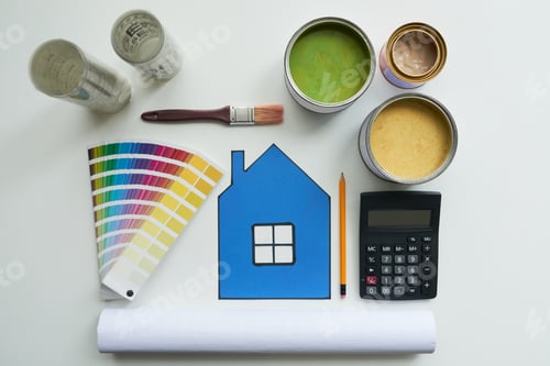 Paints, Brush, House and Calculator on White