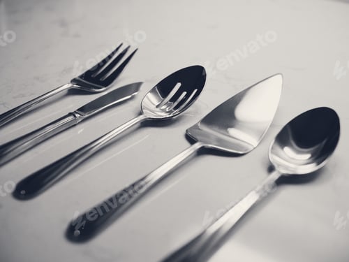 Preview: Serving set silver cutlery on countertop marble minimal fork slicer pie cake salad spoon knife