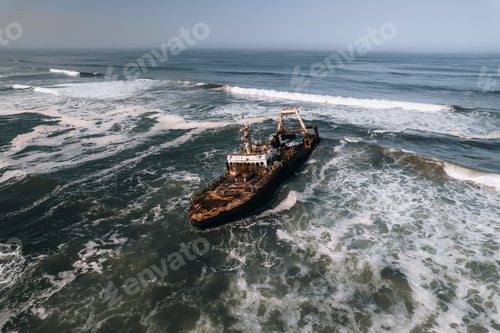 Preview: Aerial Drone View of Zeila Shipwreck in Ocean, Skeleton Coast in Namibia,Africa