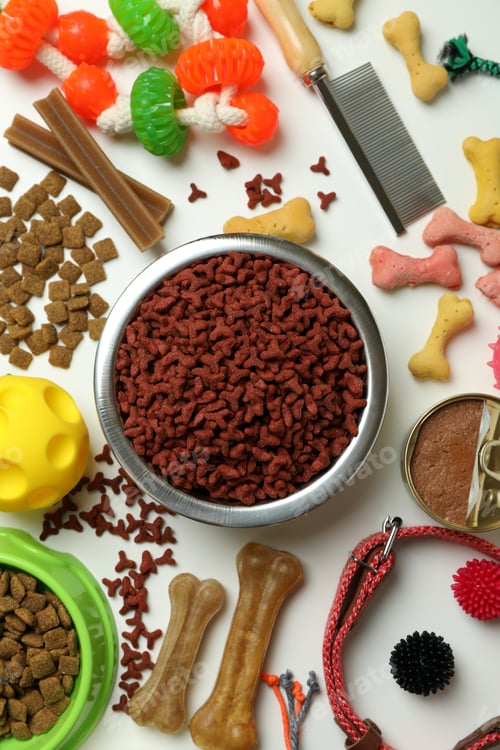 Preview: Pet accessories on white background, top view