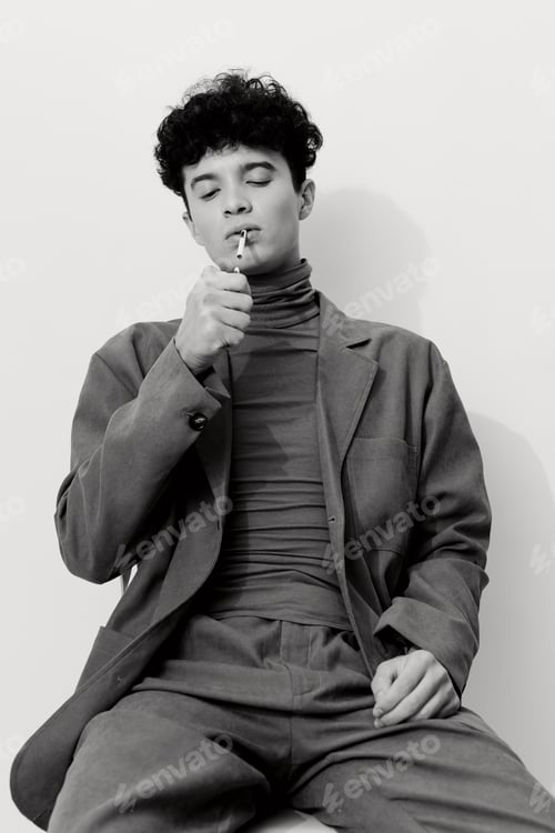 Preview: Fashion man sitting one portrait white cigarette young person black and hipster thoughtful student