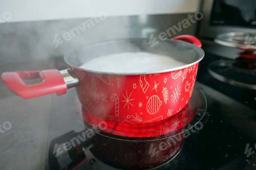Preview: cooking pan on electric stove, electric stove is heated to red.