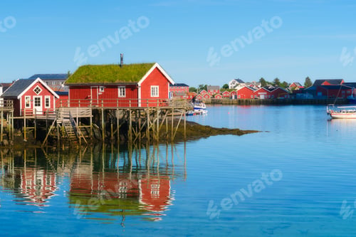 Preview: View of a traditional house with moss on the roof in the Lofoten Islands, Norway.