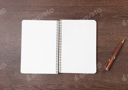 Preview: Open blank notebook and pen on wooden table, top view