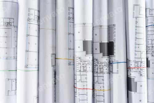 Preview: full frame image of arranged architect blueprints placed in row