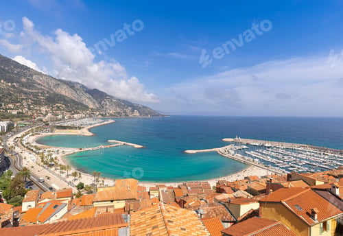 Preview: Scenic panoramic view of Menton seashore promenade and historic city in French Riviera Cote D azur