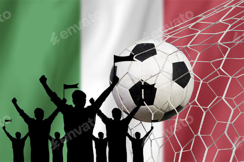 Preview: Silhouettes Of Soccer Fans With Flag Of Italy .Cheer Concept