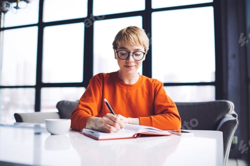 Preview: Young woman with notebook working in cafe