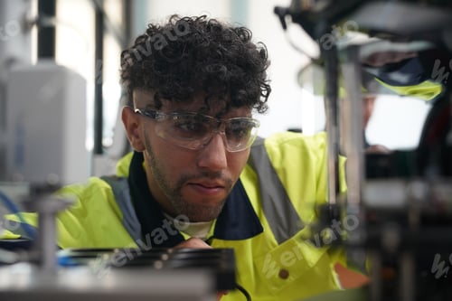 Preview: Industry 4.0: Young engineer works at a robotic arm