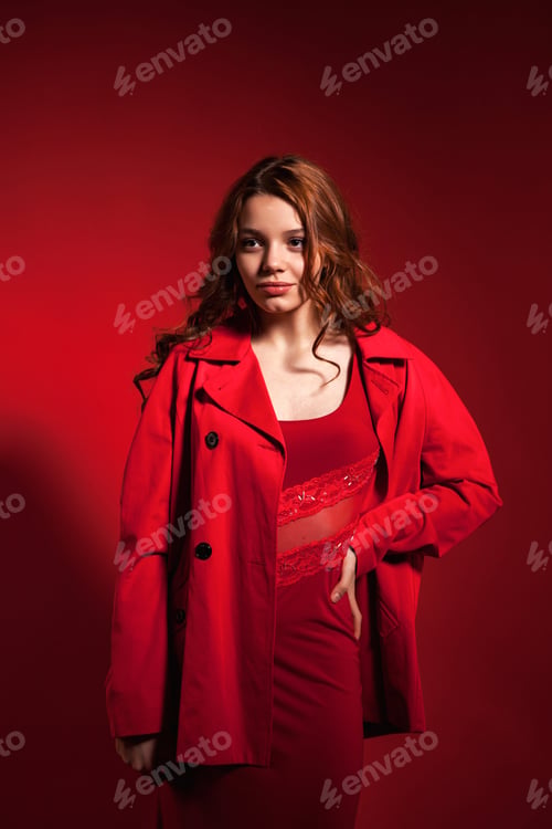 Preview: Crimson Spotlight Teenage Girl in Red Outfit at Studio