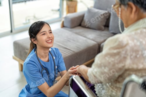Vista previa: Care giving nurse working home care service hold hand aging elderly not too worry boost up morale