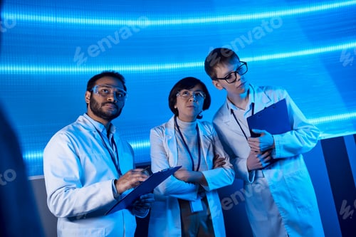Preview: futuristic laboratory, multiethnic scientists working on innovative solutions