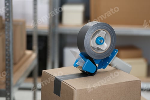 Preview: Taping box with adhesive tape dispenser indoors. Space for text