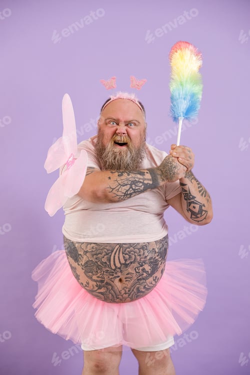 Preview: Bellicose obese person in fairy suit attacks with dust brush on purple background