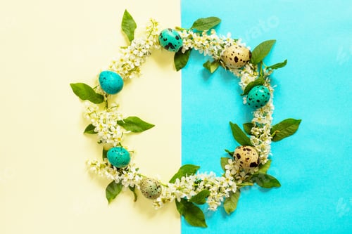 Preview: Spring flowers bird cherry trees on a blue and yellow background.