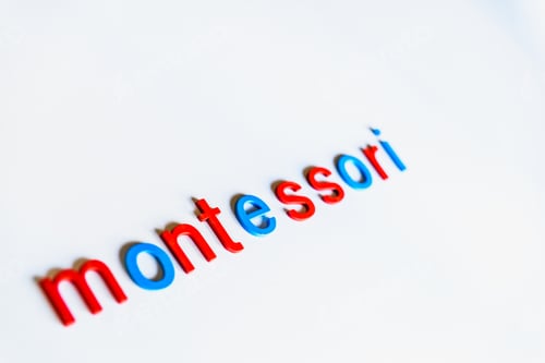 Preview: Montessori word written with colorful letters on white background.