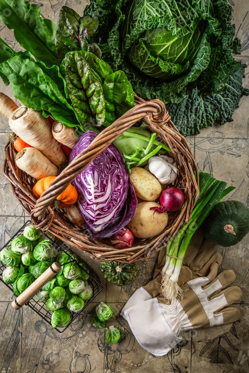Preview: Assorted autumn and winter vegetables on kitchen table, harvesting and self-sufficiency