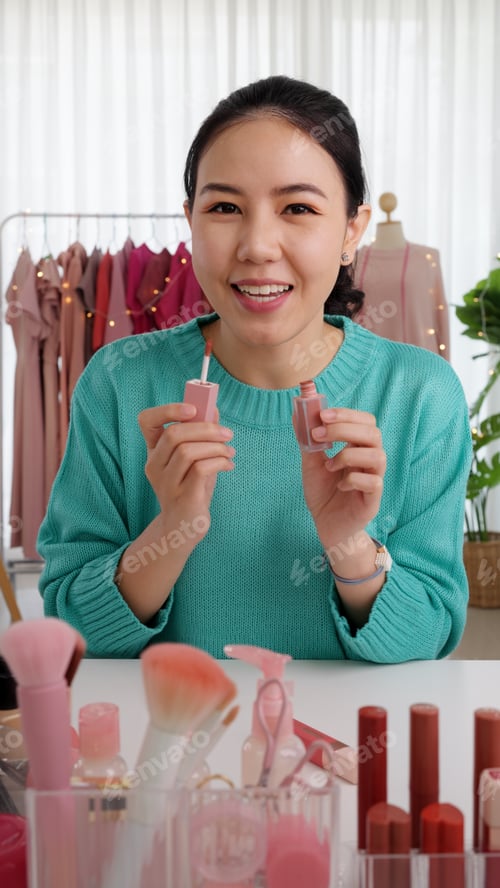 Preview: Asia woman micro influencer record live viral video camera at home studio