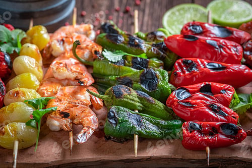 Preview: Hot roasted skewer made of colorful and summer ingredients.